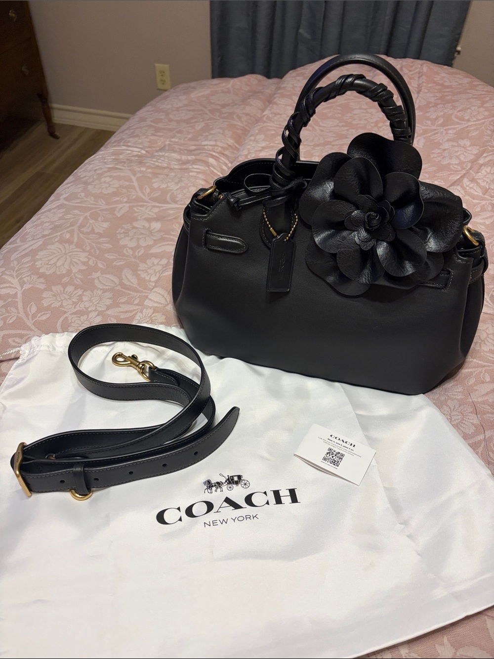 Coach Empire 28 Black Leather Satchel with dust bag. Floral not included.